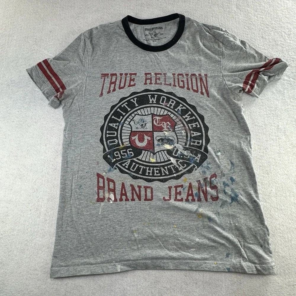 True Religion World Tour Buddha T-Shirt Medium Gray Paint Thrashed